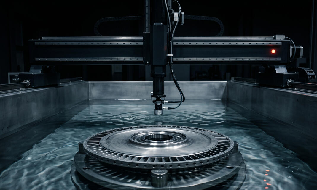 Automated immersion ultrasonic testing tank with a turbine disk forging under the probe Automated immersion ultrasonic testing tank with a turbine disk forging under the probe